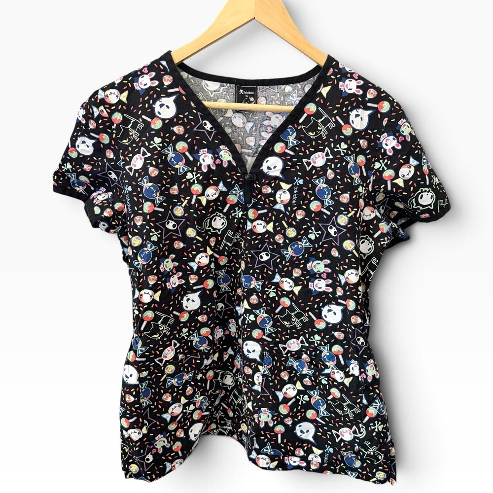 Tokidoki by Koi Women Medium M Scrub Top Black Candy Character Harajuku Medcore